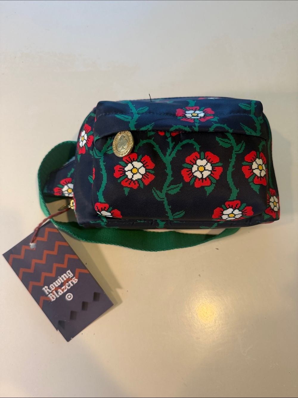 Rowing Blazers Rose Print Belt Bag with Green Strap. NWT